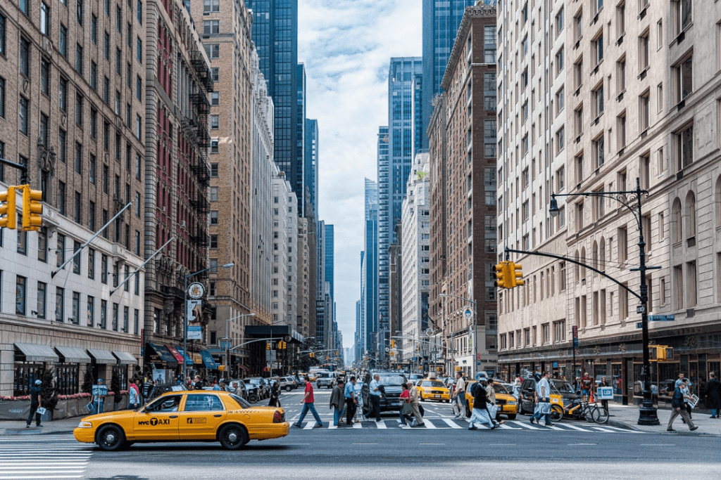 A city street in New York. A yellow taxi is driving past. A group of people are crossing the road at a pedestrian crossing.