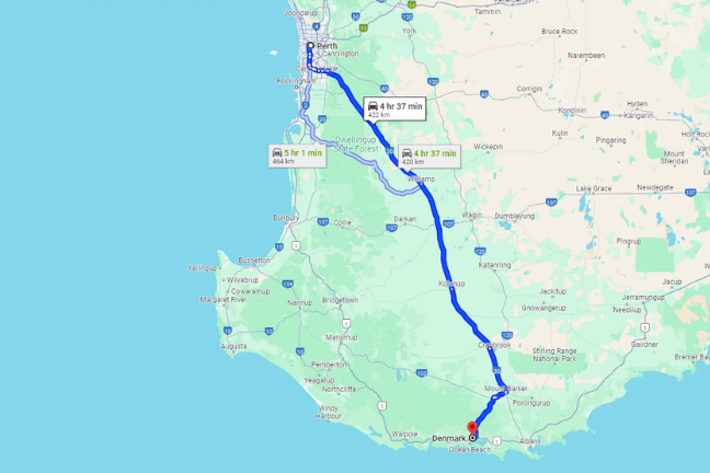 Map travelling from Perth to Denmark Western Australia 4 hours 37 minutes