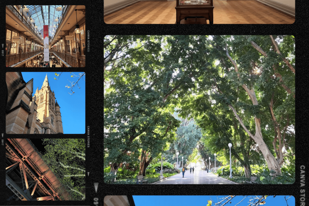 Four images: Interior of the Queen Victoria Building, St Mary's Cathedral, a view of the Sydney Harbour Bridge from underneath and Hyde Park, a tree lined path.