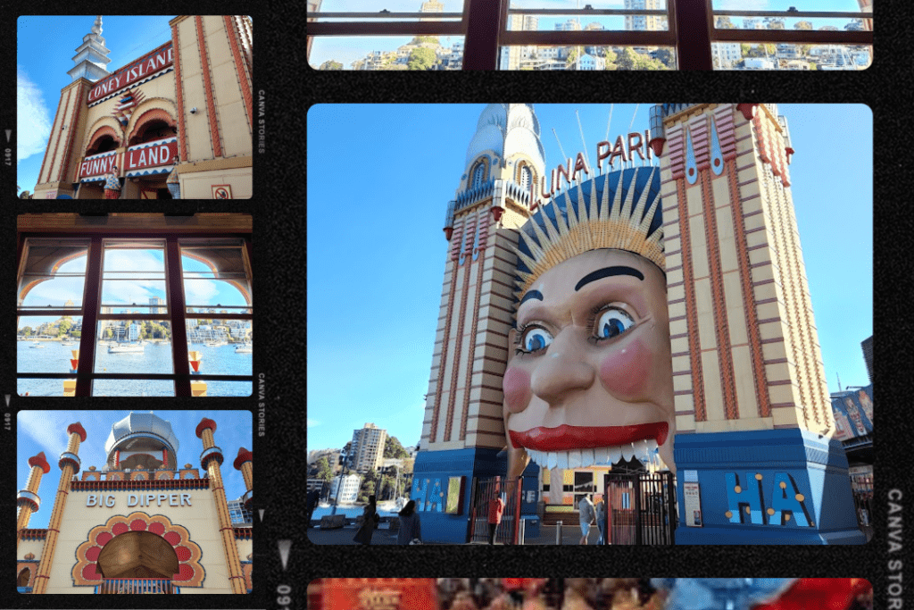 Four images of Luna Park, Sydney. Coney Island entrance, view of Sydney Harbour from inside, Big Dipper rollercoaster entrance and main entrance to Luna Park which shows a giant face.