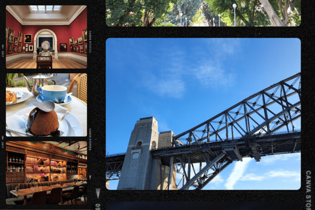 Four images, clockwise from top left: NSW Art Gallery interior, chocolate cake and tea cup and teapot on a table at The Rocks, interior of The Grounds of the City and Sydney Harbour Bridge.