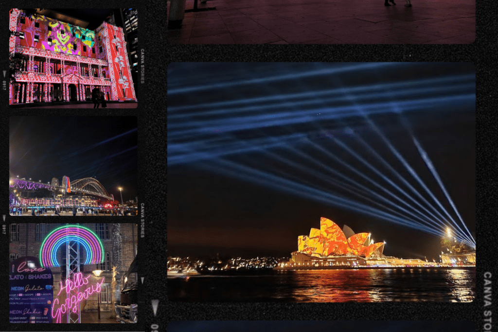 Four images: Customs House Sydney lit up with coloured lights, Sydney Harbour Bridge and the Sydney Opera House lit up with lights, Hello Gorgeous neon sign.