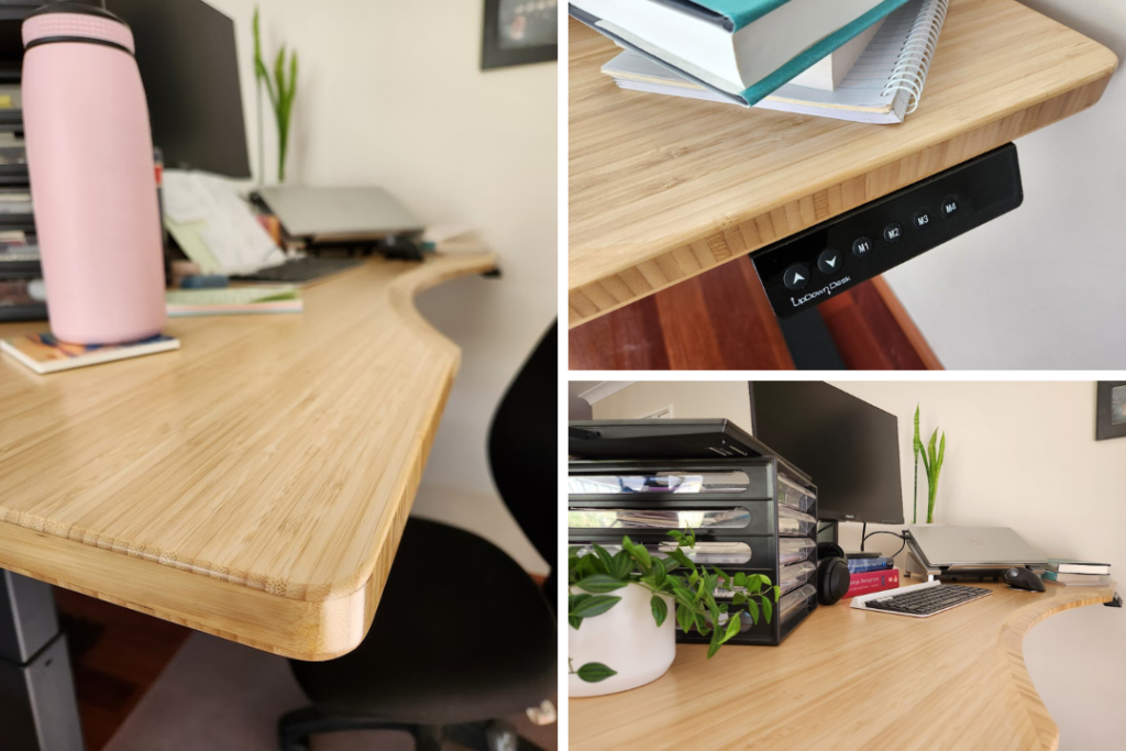 UpDown Desk Review: First image show the desk with a laptop, monitor and drink bottle. The second image shows the electric button controls for the sit stand desk height. The third image shows the desk, it has a curved edge.