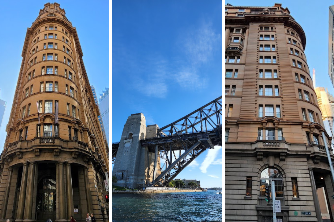 Three images: Two images of Radisson Blu Plaza Hotel, a 10 story limestone flatiron building with a blue sky behind. One image of the south side of Sydney Harbour Bridge