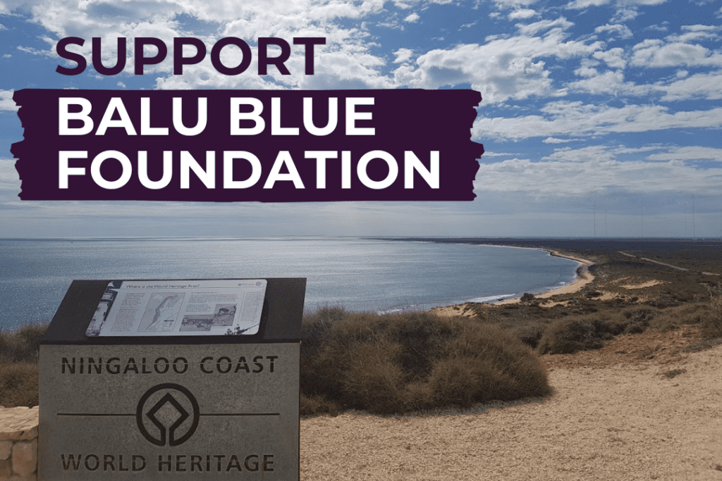 The Ningaloo Coast, where the ocean meets land. A metal tourism sign with the words "Ningaloo Coast, World Heritage". Text on the image, "Support Balu Blue Foundation".